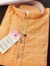 Peach men's kurta pajama in georgette with chikankari embroidery with fancy buttons — Kaash Collection