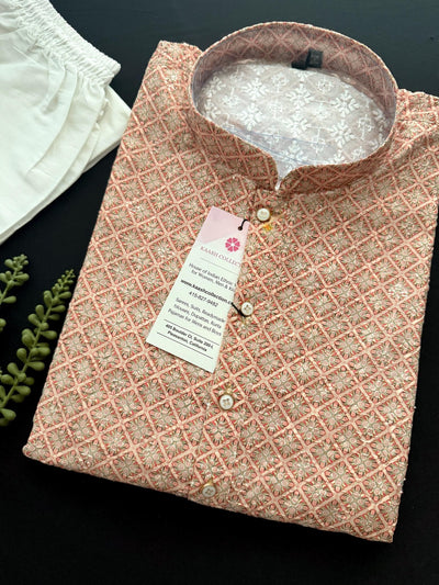 Peach men's kurta pajama in pure cotton (100%) with digital prints with chikankari embroidery & sequin — Kaash Collection