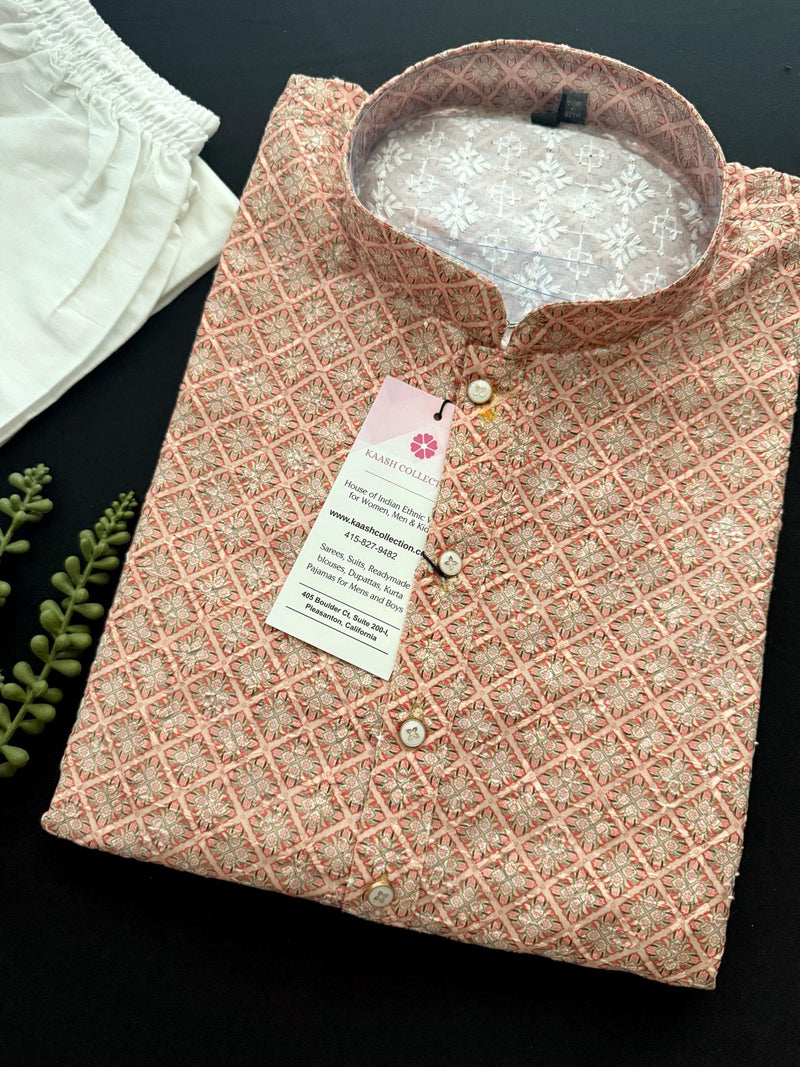 Peach Color Designer Kurta with Floral Digital Print in Soft 100% Cotton with Embroidery and Sequin Work - Kaash