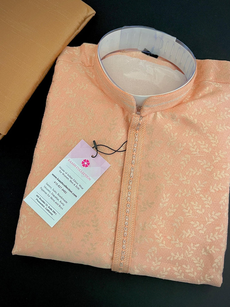 Peach men's kurta pajama in jute silk with floral jaal in gold zari — Kaash Collection