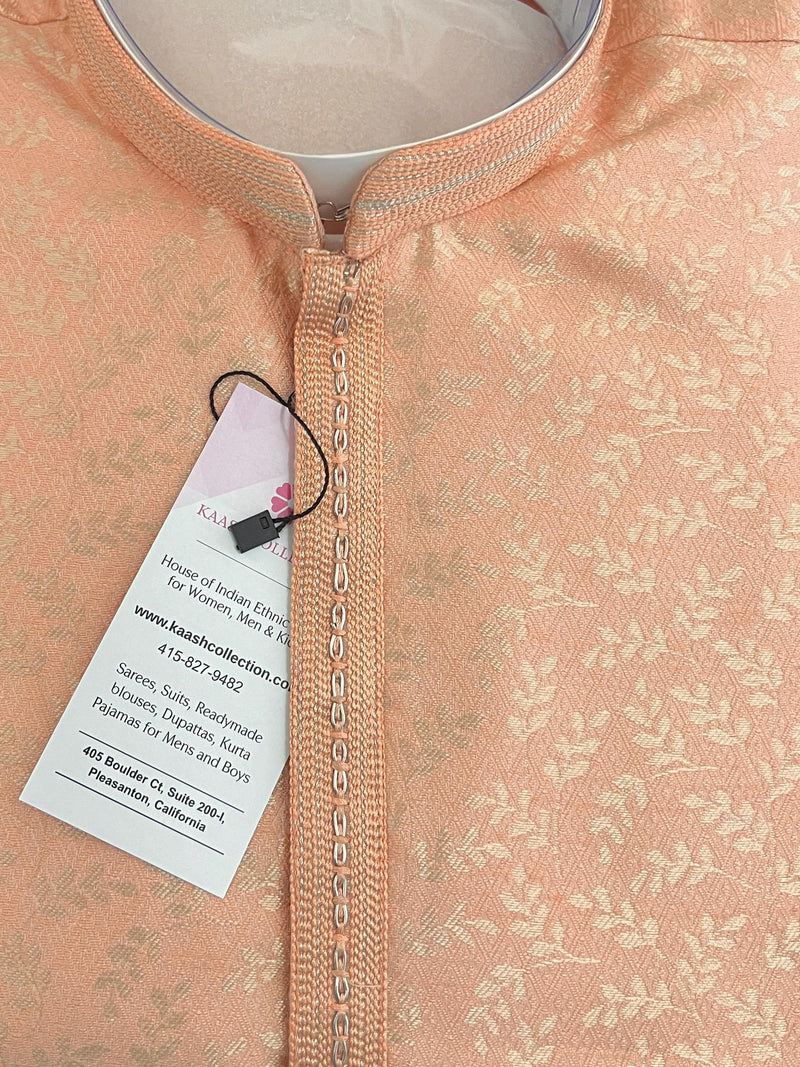Peach Color Men Kurta Pajama with Floral Jaal in Gold | Mens Ethnic Wear | Indian Pakistani Men Wear | Sherwani Style Kurta with Lining - Kaash