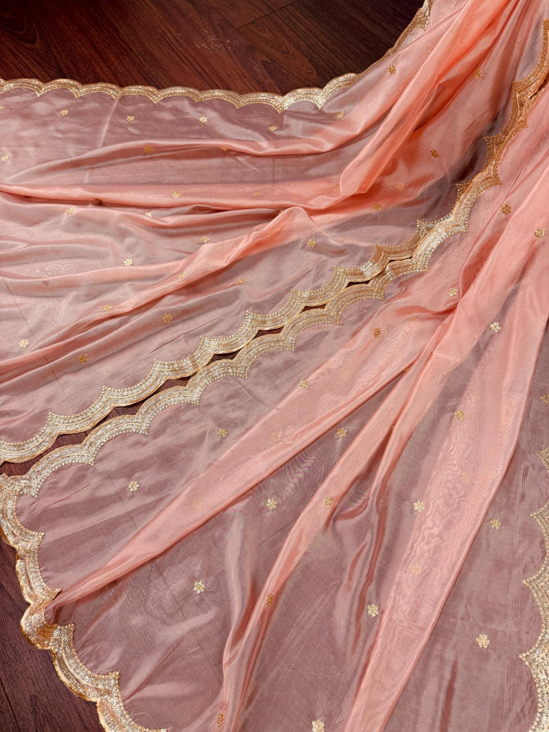 Pastel Peach soft organza dupatta with zari, sequins & silk border — Kaash Collection