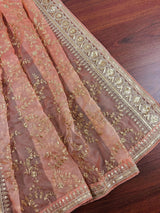 Peach soft organza silk dupatta with gold zari embroidery & sequins — Kaash Collection