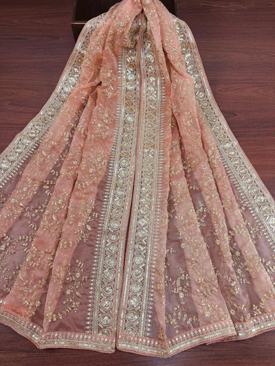 Peach soft organza silk dupatta with gold zari embroidery & sequins — Kaash Collection