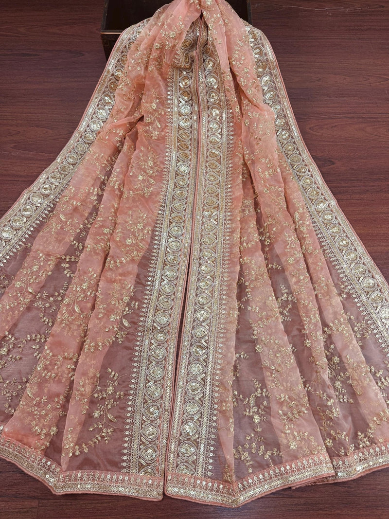 Peach soft organza silk dupatta with gold zari embroidery & sequins — Kaash Collection