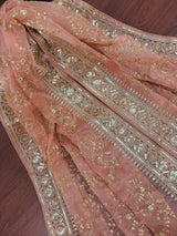 Peach soft organza silk dupatta with gold zari embroidery & sequins — Kaash Collection