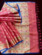 Peach Color Semi Silk Saree with Floral Buttas and Meenakari Weaving with Temple Borders - Kaash