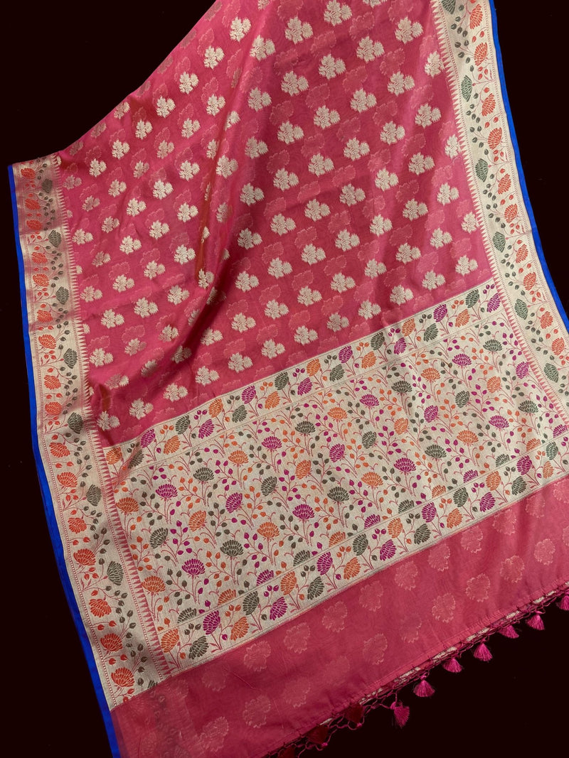 Peach Color Semi Silk Saree with Floral Buttas and Meenakari Weaving with Temple Borders - Kaash