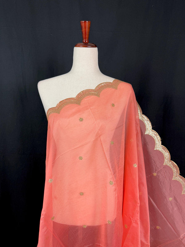 Peach Color Soft Organza Dupatta with Embroidery, Sequin and Zari on Borders with small buttis - Kaash