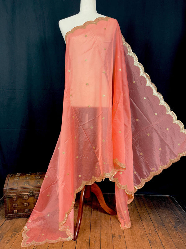 Peach Color Soft Organza Dupatta with Embroidery, Sequin and Zari on Borders with small buttis - Kaash