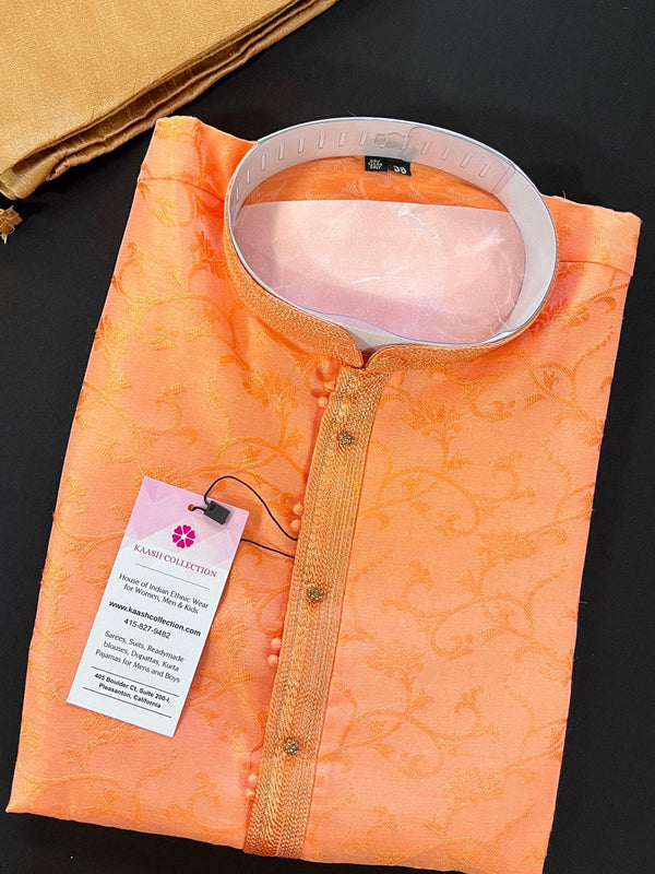 Peach Color Soft Silk Men Kurta Pajama for Men with Self Design material with small Zari Weave butti | Men Indian Wear USA California - Kaash