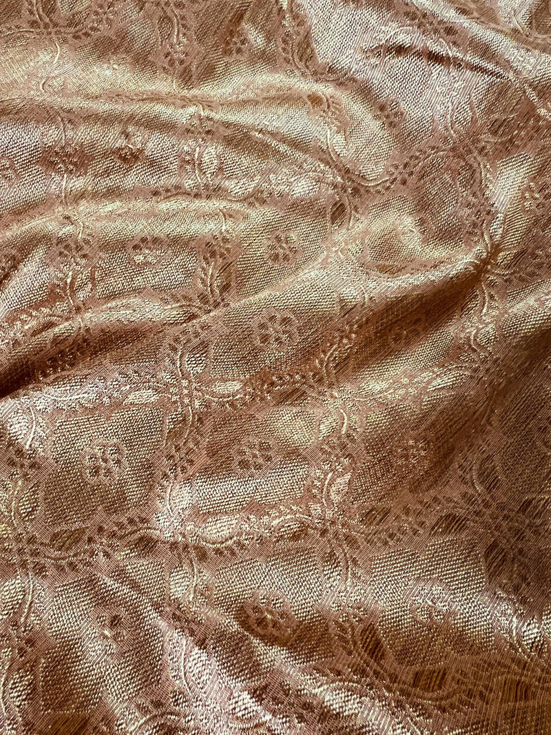 Peach Color Soft Tissue Silk Saree with Banarasi Borders and Pallu | Copper and Sliver Leaves Buttas | Banarasi Soft Tissue Saree - Kaash