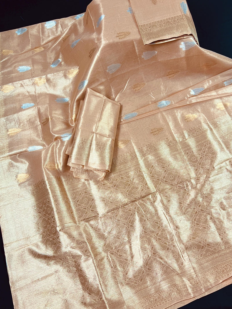 Peach Color Soft Tissue Silk Saree with Banarasi Borders and Pallu | Copper and Sliver Leaves Buttas | Banarasi Soft Tissue Saree - Kaash