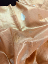 Peach Color Soft Tissue Silk Saree with Banarasi Borders and Pallu | Copper and Sliver Leaves Buttas | Banarasi Soft Tissue Saree - Kaash