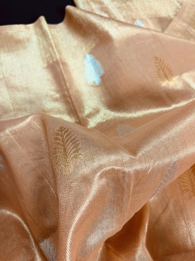 Peach Color Soft Tissue Silk Saree with Banarasi Borders and Pallu | Copper and Sliver Leaves Buttas | Banarasi Soft Tissue Saree - Kaash