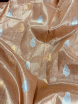 Peach Color Soft Tissue Silk Saree with Banarasi Borders and Pallu | Copper and Sliver Leaves Buttas | Banarasi Soft Tissue Saree - Kaash
