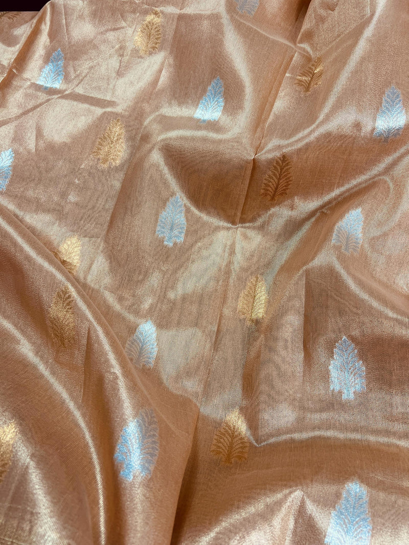 Peach Color Soft Tissue Silk Saree with Banarasi Borders and Pallu | Copper and Sliver Leaves Buttas | Banarasi Soft Tissue Saree - Kaash