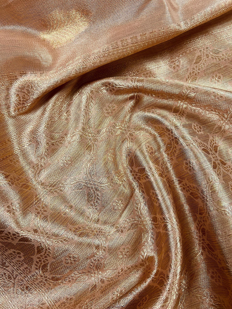 Peach Color Soft Tissue Silk Saree with Banarasi Borders and Pallu | Copper and Sliver Leaves Buttas | Banarasi Soft Tissue Saree - Kaash