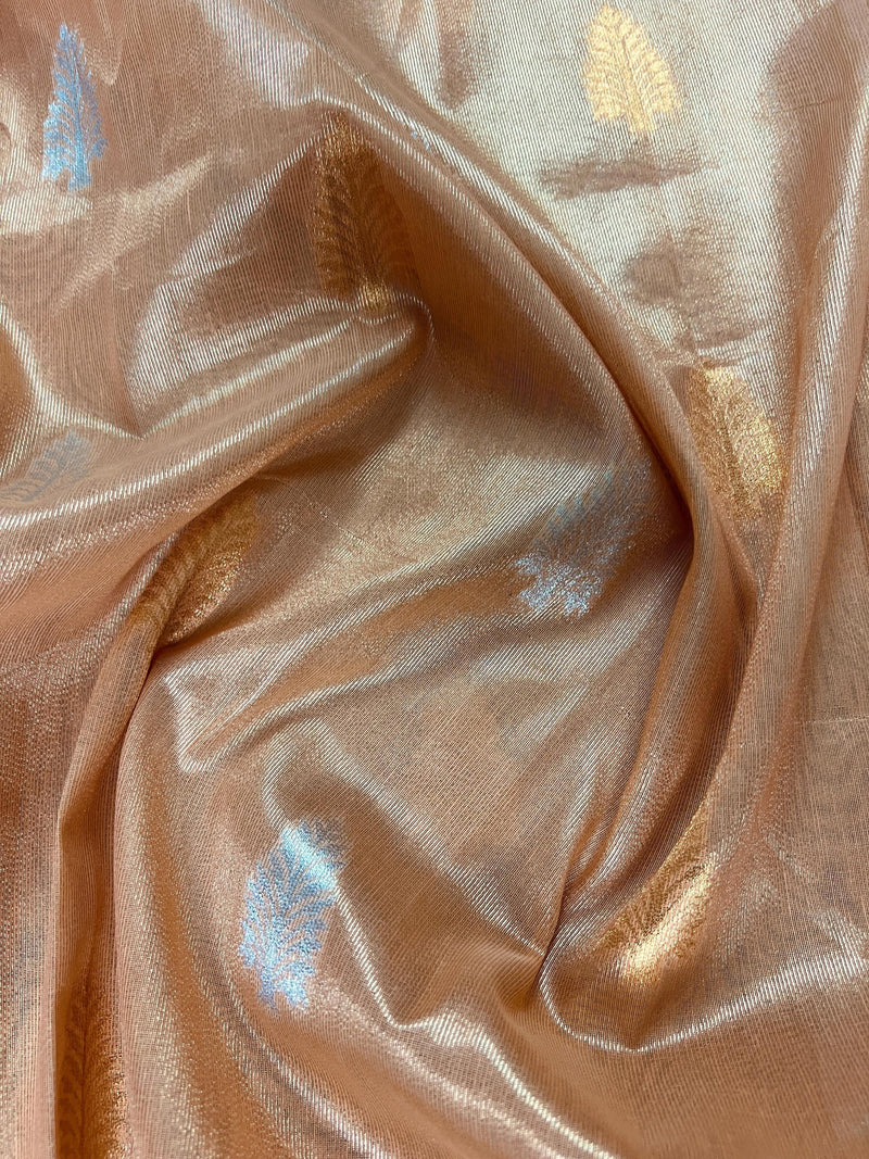 Peach Color Soft Tissue Silk Saree with Banarasi Borders and Pallu | Copper and Sliver Leaves Buttas | Banarasi Soft Tissue Saree - Kaash