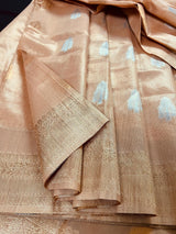 Peach Color Soft Tissue Silk Saree with Banarasi Borders and Pallu | Copper and Sliver Leaves Buttas | Banarasi Soft Tissue Saree - Kaash