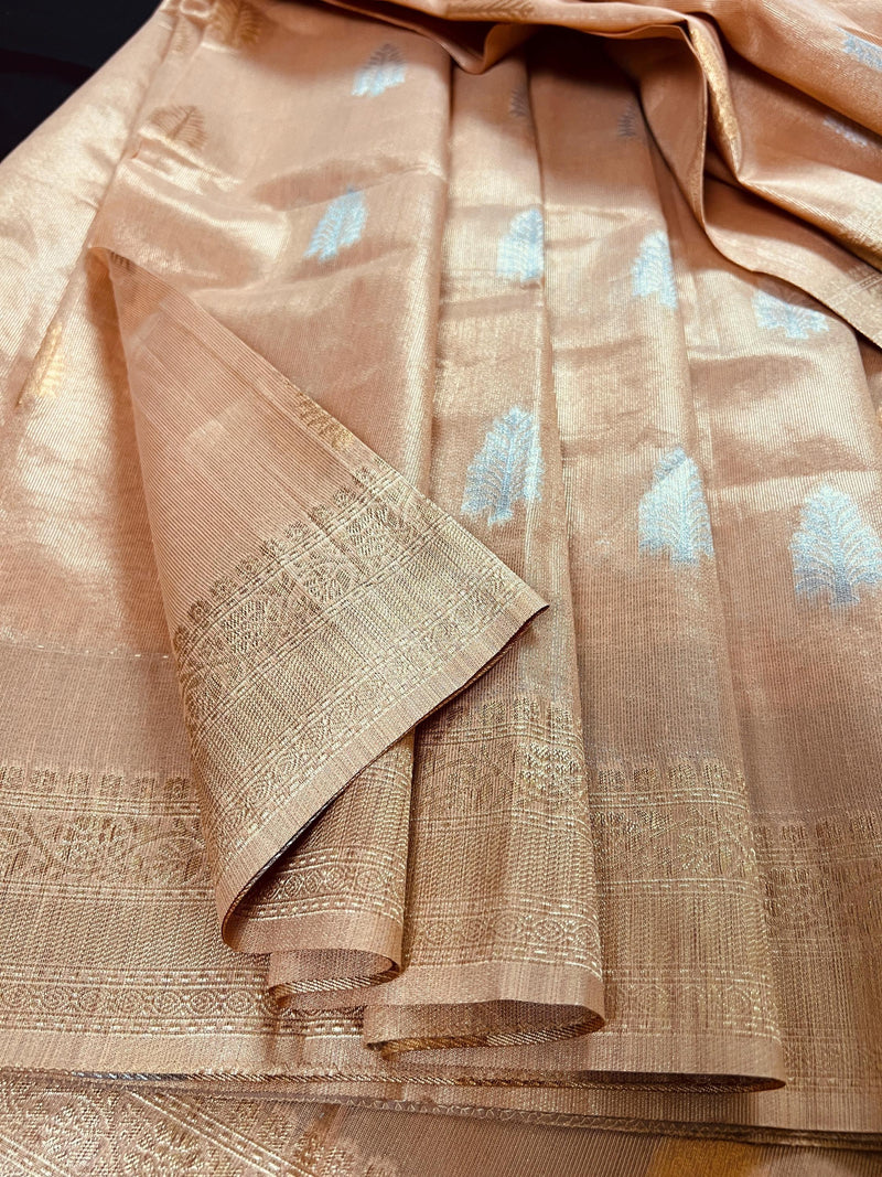 Peach Color Soft Tissue Silk Saree with Banarasi Borders and Pallu | Copper and Sliver Leaves Buttas | Banarasi Soft Tissue Saree - Kaash