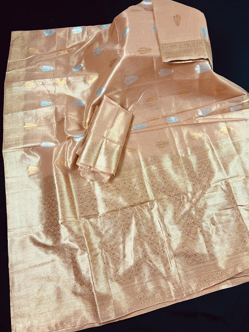 Peach Color Soft Tissue Silk Saree with Banarasi Borders and Pallu | Copper and Sliver Leaves Buttas | Banarasi Soft Tissue Saree - Kaash