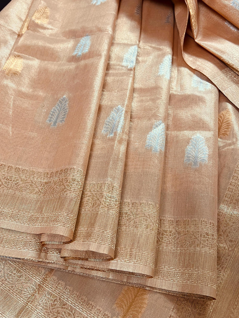 Peach Color Soft Tissue Silk Saree with Banarasi Borders and Pallu | Copper and Sliver Leaves Buttas | Banarasi Soft Tissue Saree - Kaash