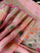 Peachy Pink Semi Banarasi saree in semi banarasi silk with floral buttas with meenakari & muted gold zari — Kaash Collection