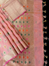 Peach Pink with Brocade Blouse Banarasi saree in banarasi semi silk with floral buttas with meenakari — Kaash Collection