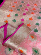 Peach Pink with Brocade Blouse Banarasi saree in banarasi semi silk with floral buttas with meenakari — Kaash Collection