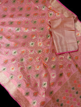 Peachy Pink Semi Banarasi saree in semi banarasi silk with floral buttas with meenakari & muted gold zari — Kaash Collection