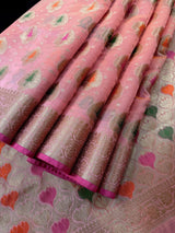 Peachy Pink Semi Banarasi saree in semi banarasi silk with floral buttas with meenakari & muted gold zari — Kaash Collection