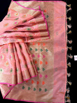 Peachy Pink Semi Banarasi saree in semi banarasi silk with floral buttas with meenakari & muted gold zari — Kaash Collection