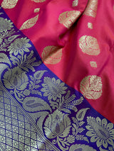 Peach Pink with Blue Banarasi saree in banarasi silk with traditional buttas with 7.5" border — Kaash Collection