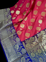 Peach Pink with Blue Banarasi saree in banarasi silk with traditional buttas with 7.5" border — Kaash Collection