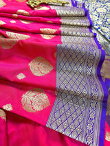 Peach Pink with Blue Banarasi saree in banarasi silk with traditional buttas with 7.5" border — Kaash Collection