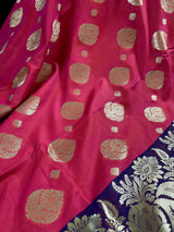 Peach Pink with Blue Banarasi saree in banarasi silk with traditional buttas with 7.5" border — Kaash Collection