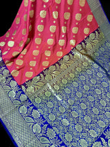 Peach Pink with Blue Banarasi saree in banarasi silk with traditional buttas with 7.5" border — Kaash Collection