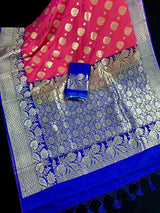 Peach Pink with Blue Banarasi saree in banarasi silk with traditional buttas with 7.5" border — Kaash Collection