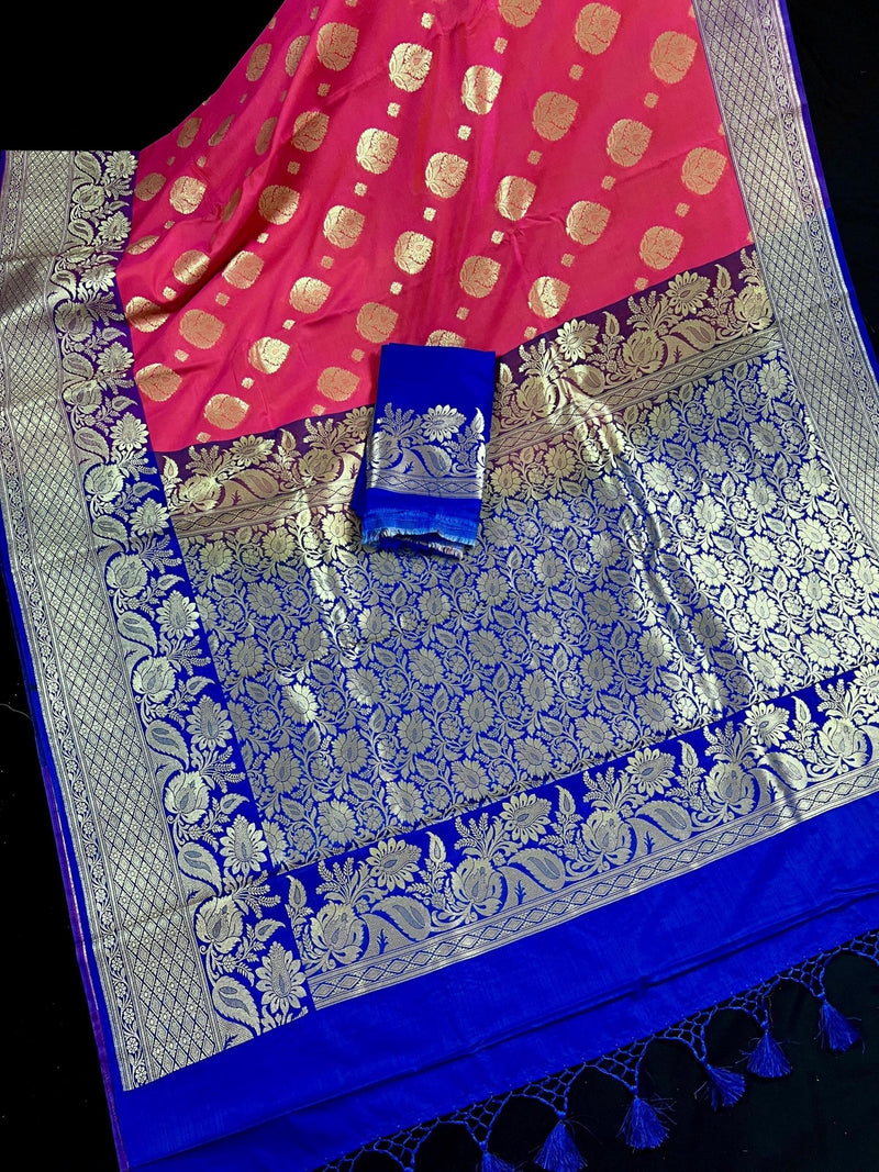 Peach Pink with Blue Banarasi saree in banarasi silk with traditional buttas with 7.5" border — Kaash Collection