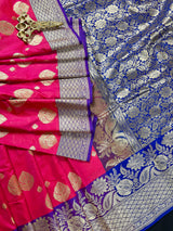 Peach Pink with Blue Traditional Banarasi Handloom Saree | Floral Design | Soft Silk Saree | Banarasi Silk Saree - Kaash