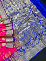 Peach Pink with Blue Traditional Banarasi Handloom Saree | Floral Design | Soft Silk Saree | Banarasi Silk Saree - Kaash