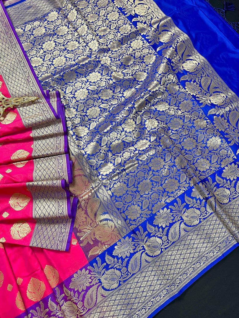 Peach Pink with Blue Traditional Banarasi Handloom Saree | Floral Design | Soft Silk Saree | Banarasi Silk Saree - Kaash