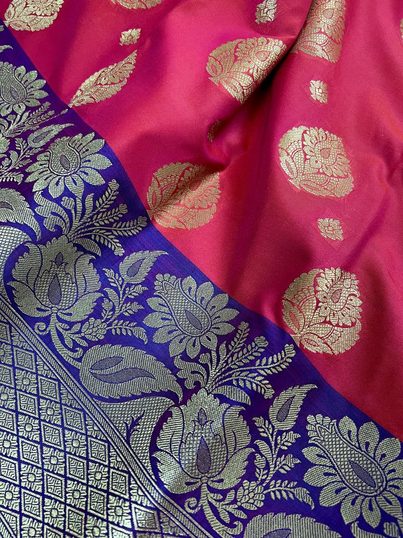 Peach Pink with Blue Traditional Banarasi Handloom Saree | Floral Design | Soft Silk Saree | Banarasi Silk Saree - Kaash