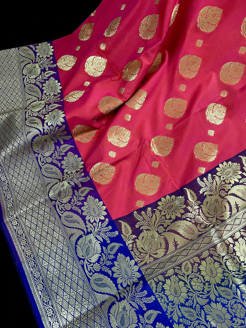 Peach Pink with Blue Traditional Banarasi Handloom Saree | Floral Design | Soft Silk Saree | Banarasi Silk Saree - Kaash