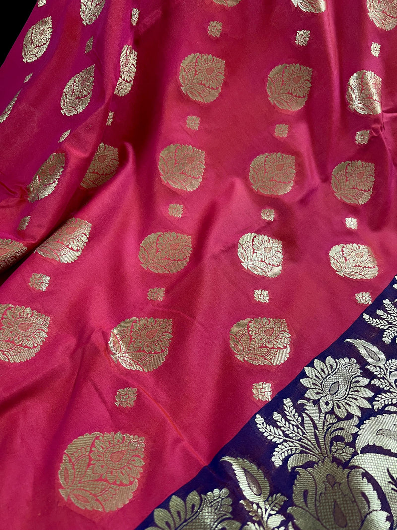 Peach Pink with Blue Traditional Banarasi Handloom Saree | Floral Design | Soft Silk Saree | Banarasi Silk Saree - Kaash