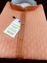 Peach men's kurta pajama in raw silk (non-pure) with self-weave pattern — Kaash Collection