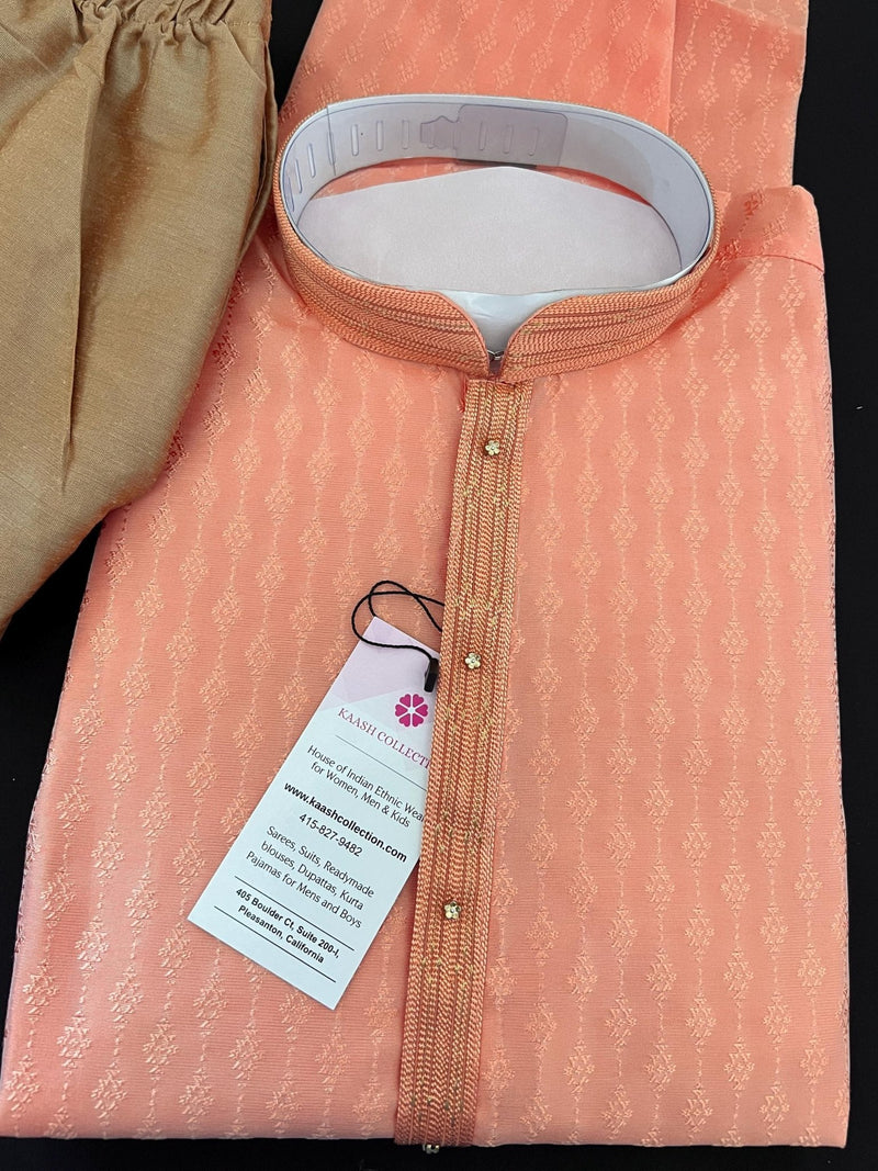 Peach men's kurta pajama in raw silk (non-pure) with self-weave pattern — Kaash Collection