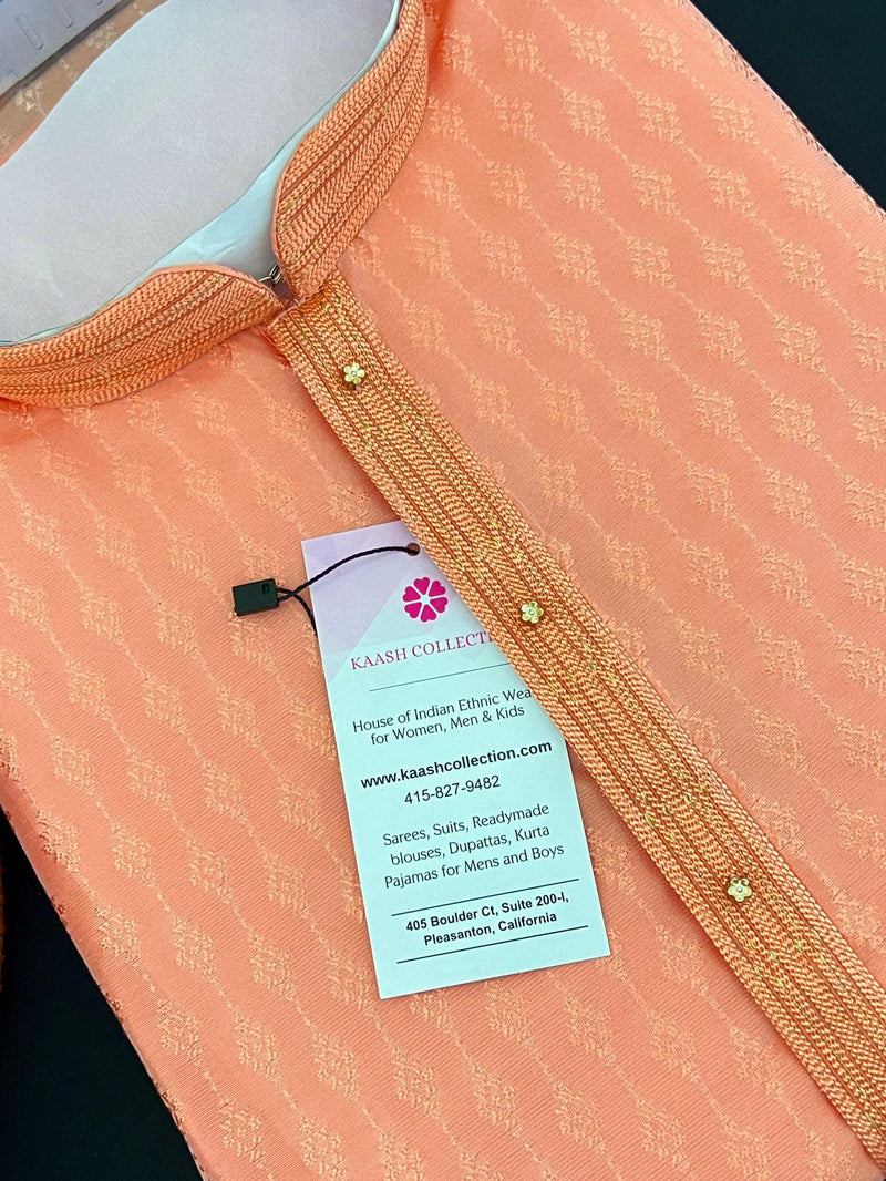 Peach Raw Silk Kurta Pajama for Men with Self Design material with Self Weave Pattern | Mens Ethnic Wear | Wedding Wear Kurta for Men - Kaash