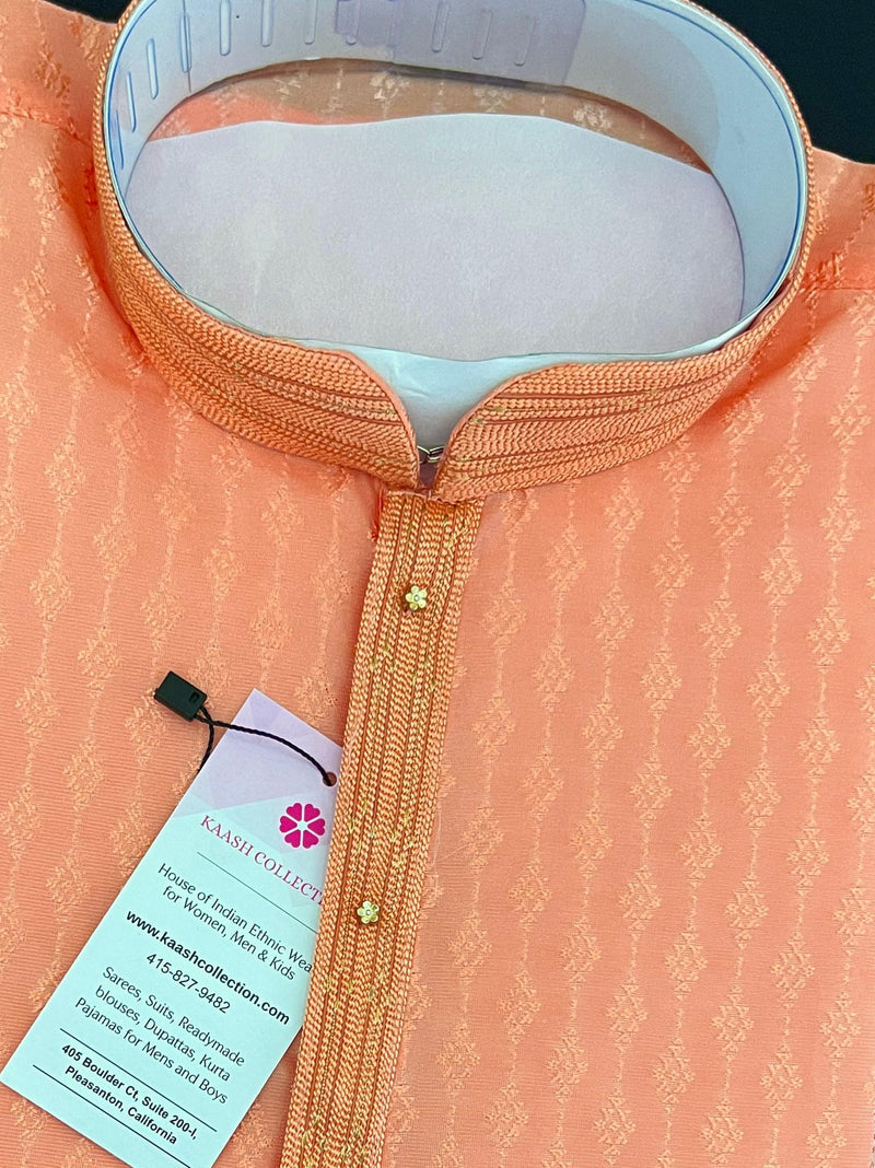 Peach Raw Silk Kurta Pajama for Men with Self Design material with Self Weave Pattern | Mens Ethnic Wear | Wedding Wear Kurta for Men - Kaash